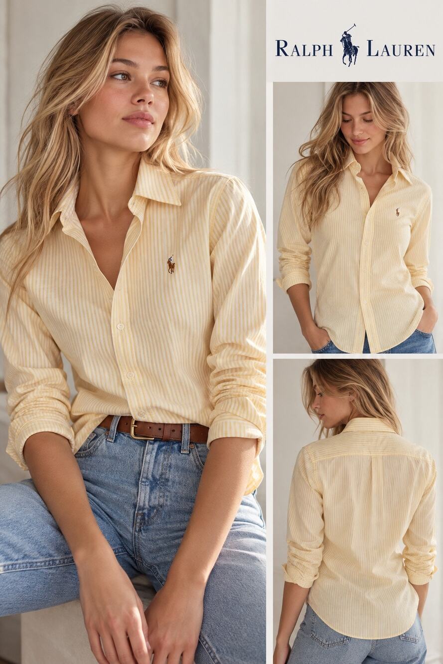 Ralph Lauren Womens Size 0 Yellow White Stripe Slim Fit Oxford Shirt Pony Cotton